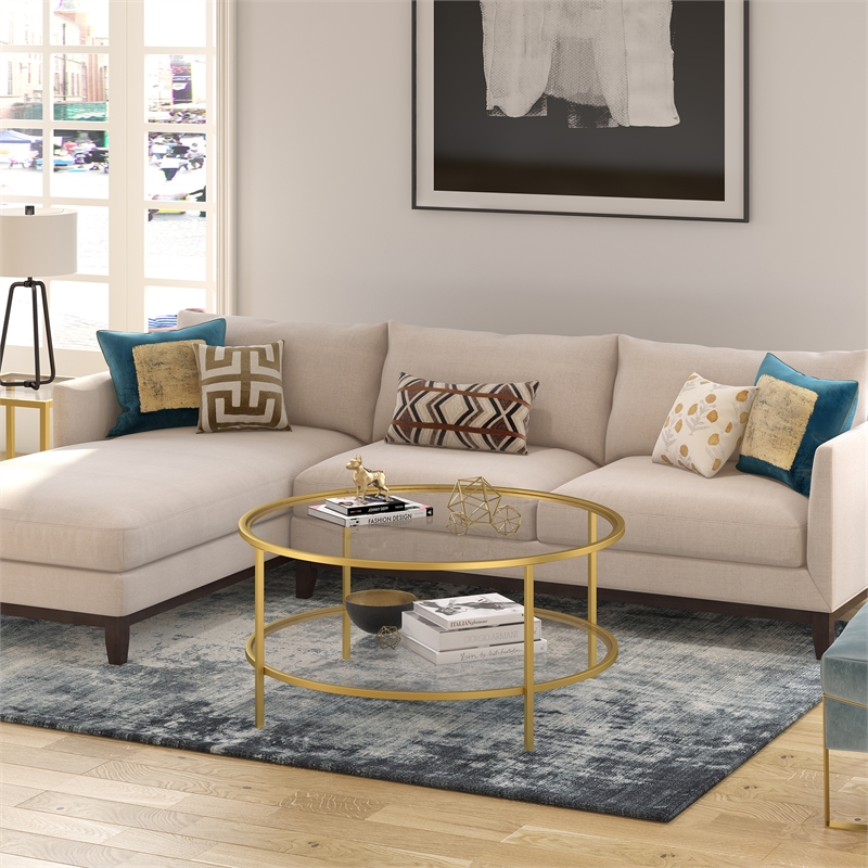 Pemberly Row Round Metal Base Coffee Table in Brass with Glass Top