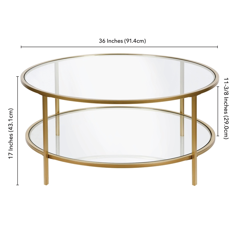 Pemberly Row Round Metal Base Coffee Table in Brass with Glass Top