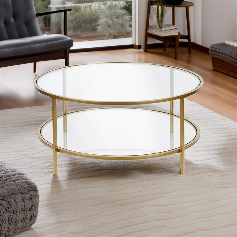 Pemberly Row Round Metal Base Coffee Table in Brass with Glass Top