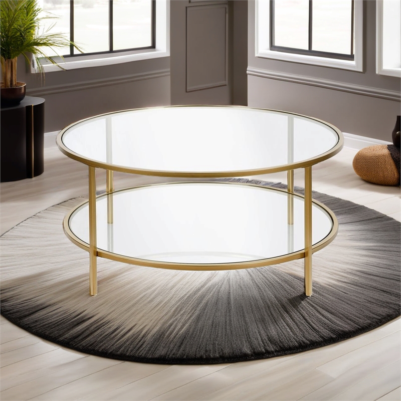 Pemberly Row Round Metal Base Coffee Table in Brass with Glass Top