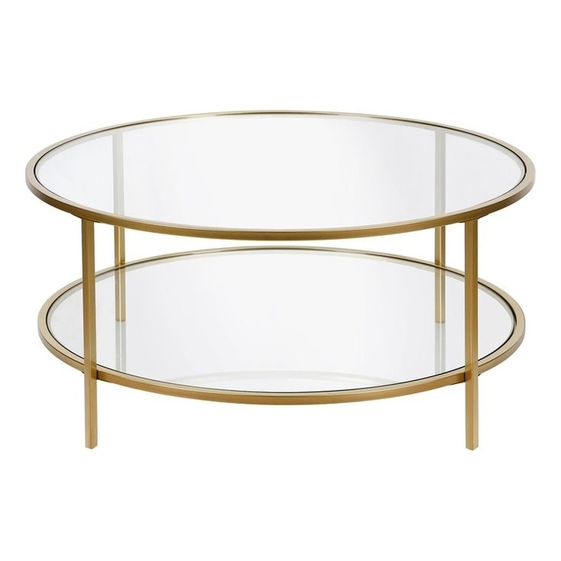 Pemberly Row Round Metal Base Coffee Table in Brass with Glass Top