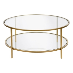 Pemberly Row Round Metal Base Coffee Table in Brass with Glass Top