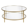 Pemberly Row Round Metal Base Coffee Table in Brass with Glass Top