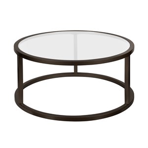 Pemberly Row Metal Round Pedastal Base Coffee Table in Black and Bronze Finish