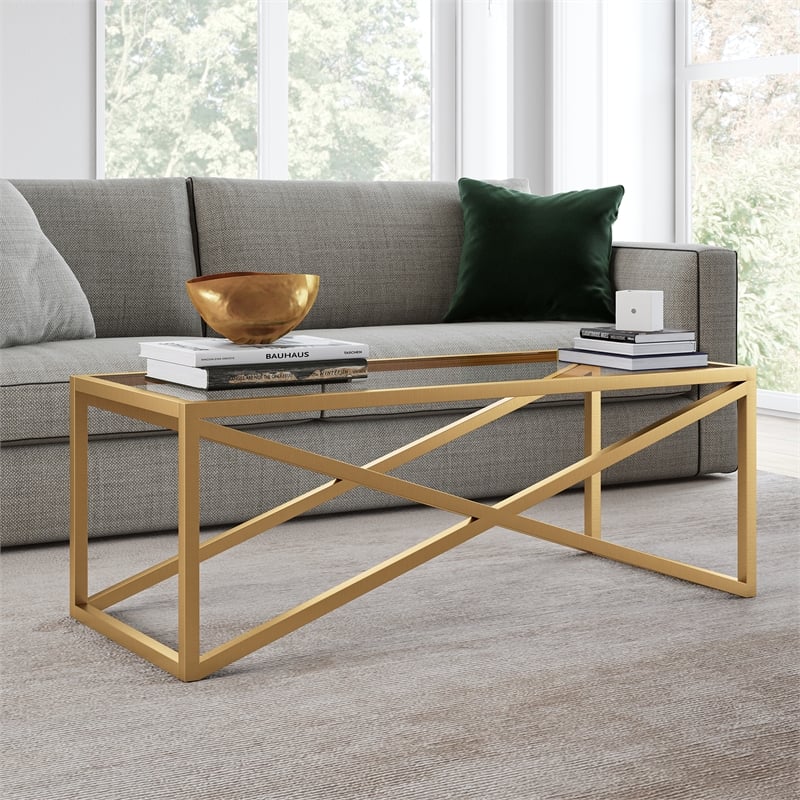 Pemberly Row Brass and Gold Rectangular Coffee Table with Glass Top