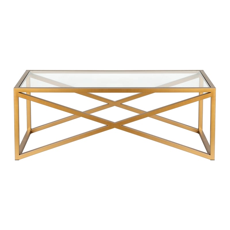 Pemberly Row Brass and Gold Rectangular Coffee Table with Glass Top