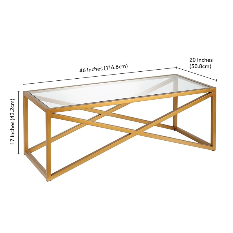 Pemberly Row Brass and Gold Rectangular Coffee Table with Glass Top