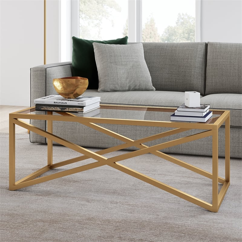 Pemberly Row Brass and Gold Rectangular Coffee Table with Glass Top
