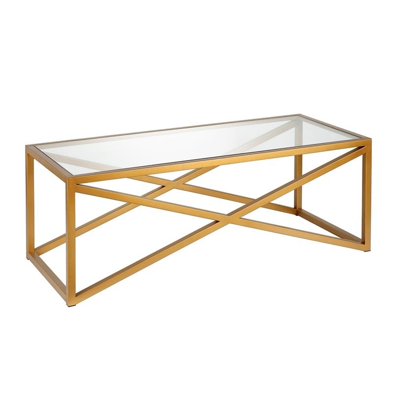 Pemberly Row Brass and Gold Rectangular Coffee Table with Glass Top