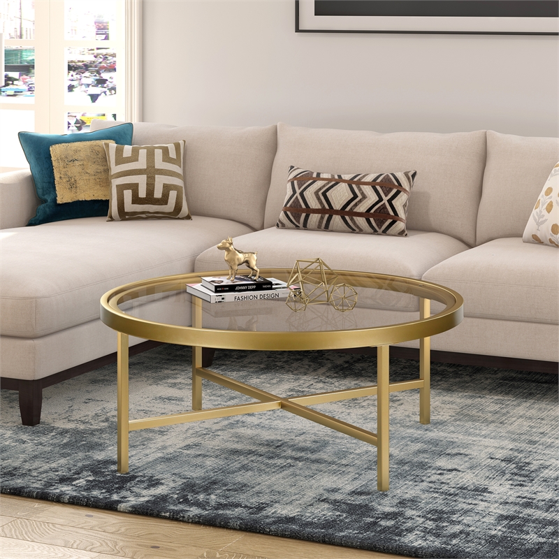 Pemberly Row Round Metal Base Coffee Table in Brass and Gold