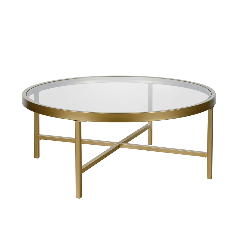 Pemberly Row Round Metal Base Coffee Table in Brass and Gold