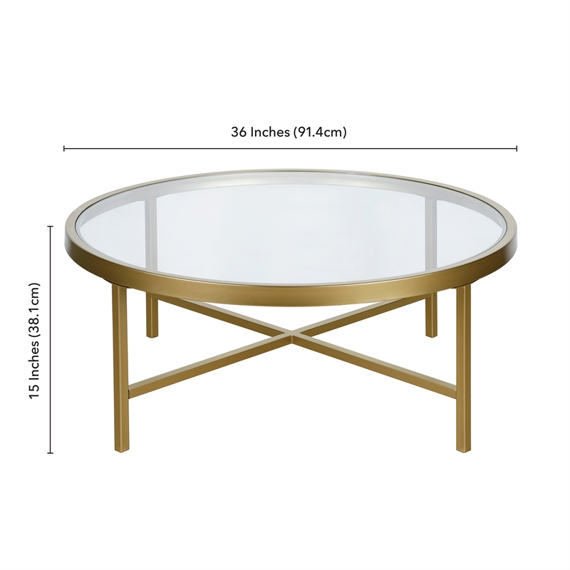 Pemberly Row Round Metal Base Coffee Table in Brass and Gold