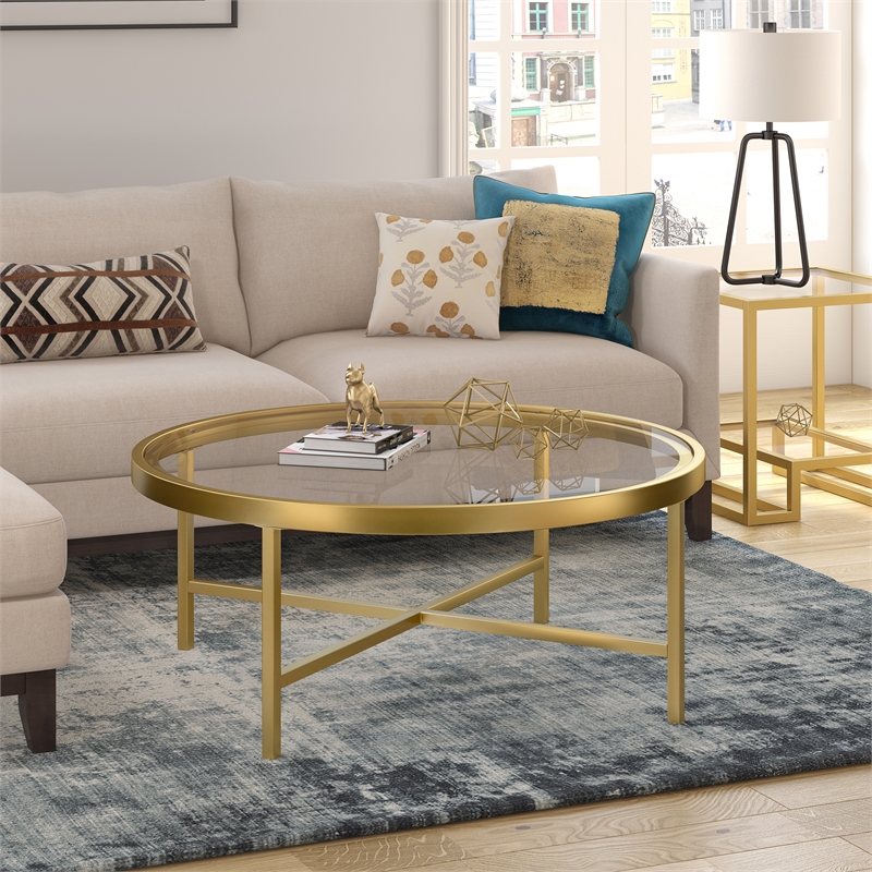 Pemberly Row Round Metal Base Coffee Table in Brass and Gold