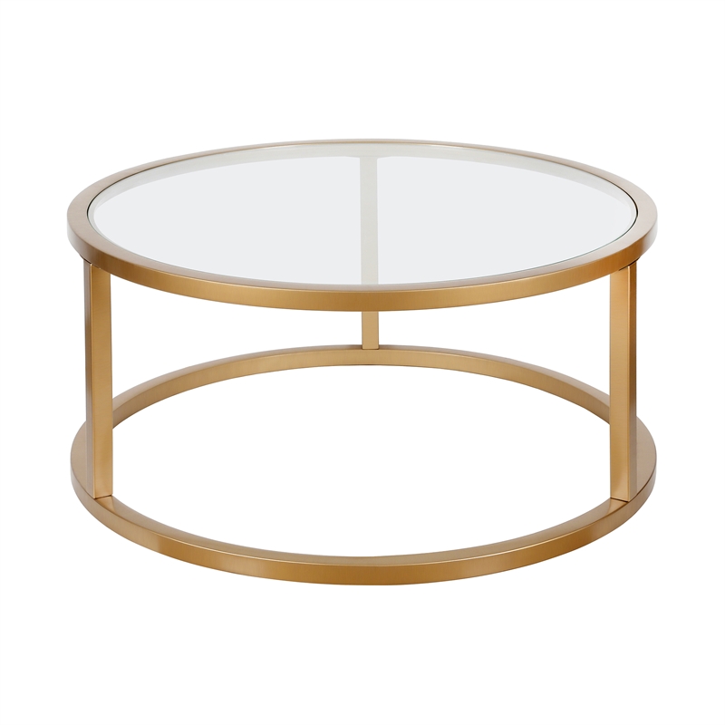Pemberly Row Metal Round Pedastal Base Coffee Table in Gold and Brass Finish