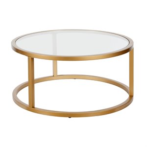 Pemberly Row Metal Round Pedastal Base Coffee Table in Gold and Brass Finish