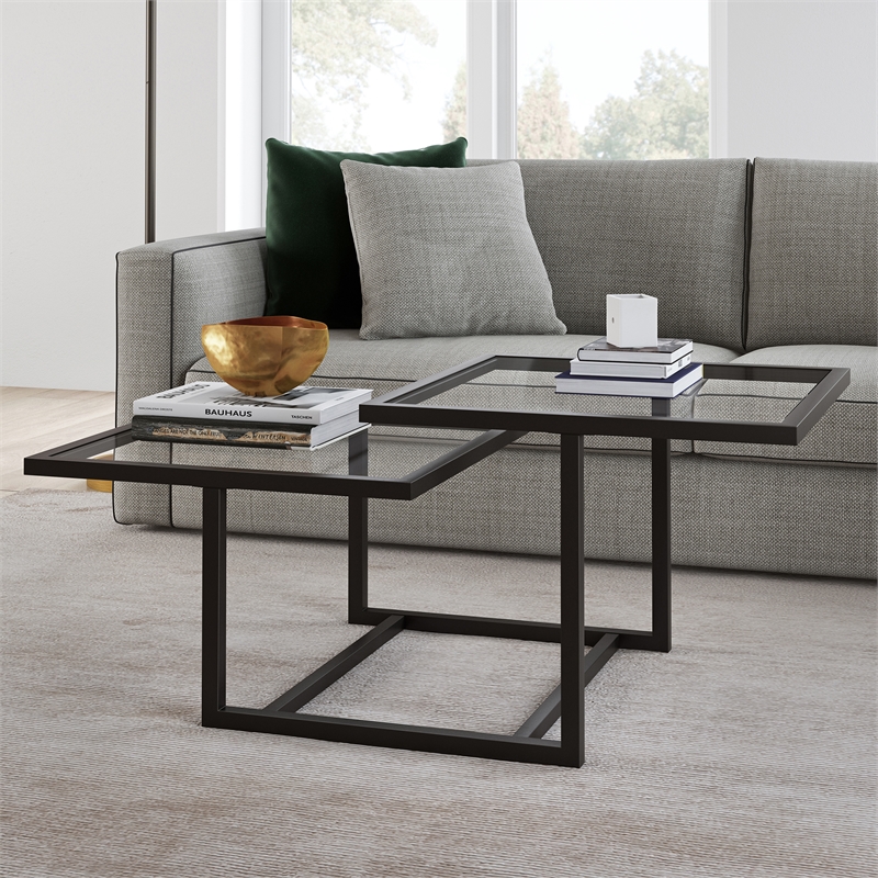 Pemberly Row Metal Two Tier Black and Bronze Glass Top Coffee Table