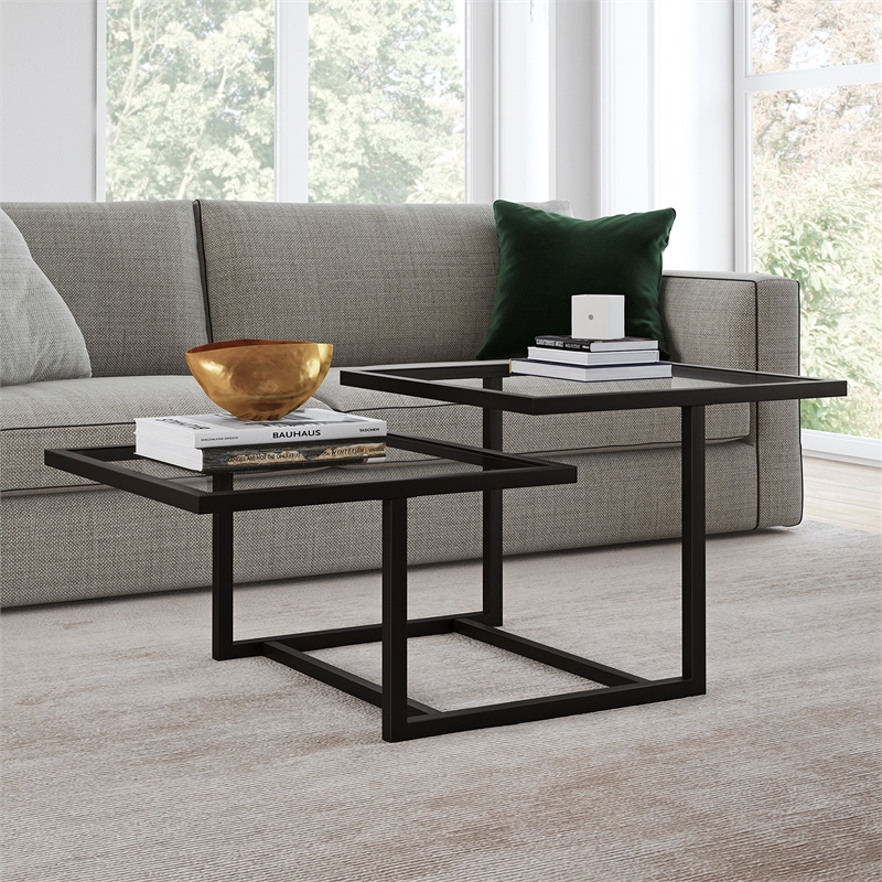 Pemberly Row Metal Two Tier Black and Bronze Glass Top Coffee Table