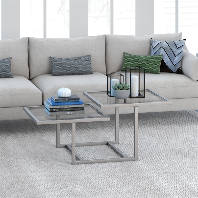 Pemberly Row Metal Two Tier Satin Nickel and Gray Glass Top  Coffee Table