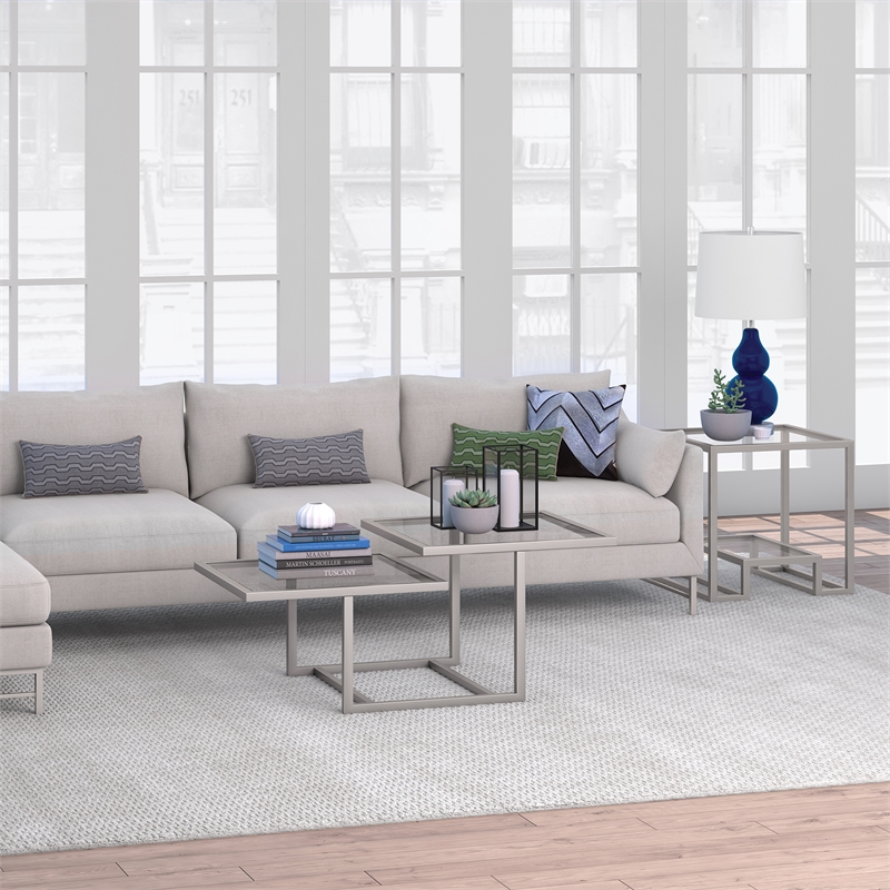 Pemberly Row Metal Two Tier Satin Nickel and Gray Glass Top  Coffee Table