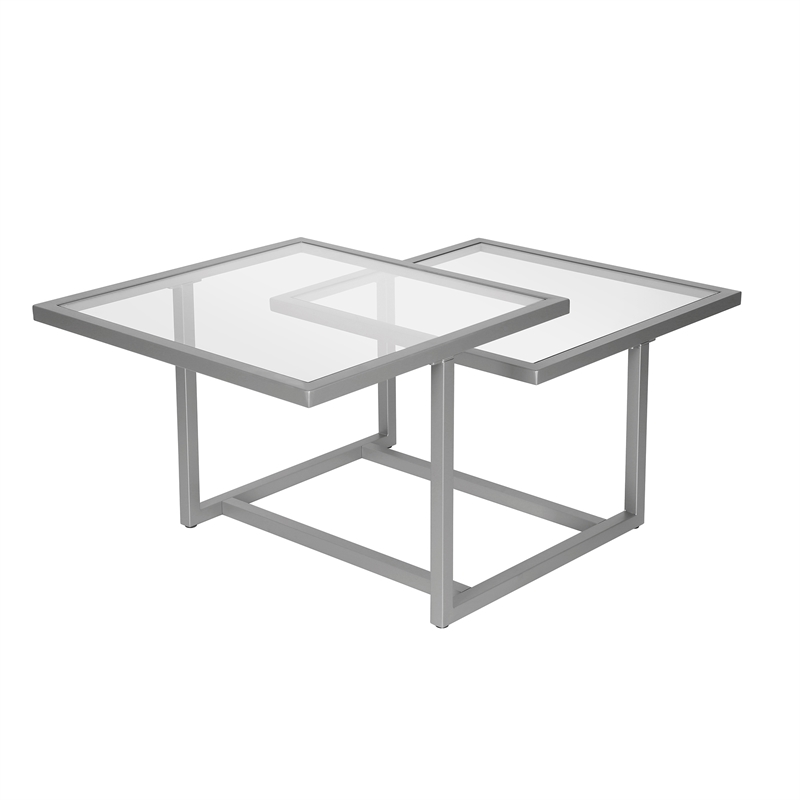 Pemberly Row Metal Two Tier Satin Nickel and Gray Glass Top  Coffee Table