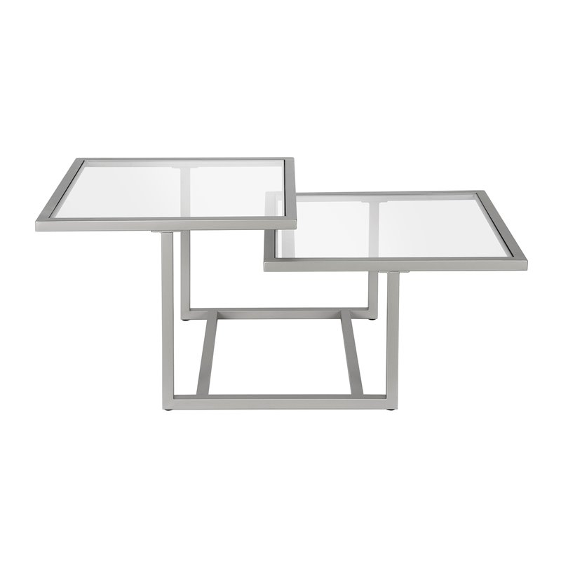 Pemberly Row Metal Two Tier Satin Nickel and Gray Glass Top  Coffee Table