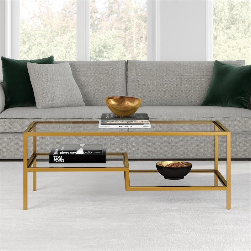 Pemberly Row Metal Double Shelf Coffee Table in Brass and Gold