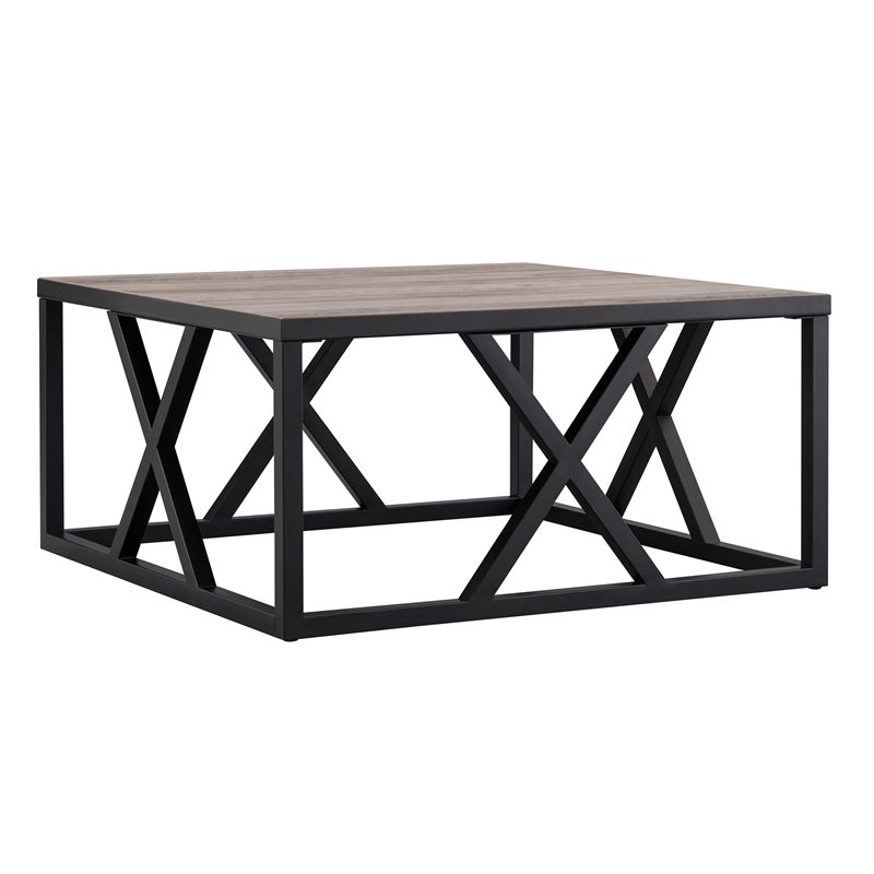 Pemberly Row Square Geometric Metal Coffee Table with Gray Oak Wood Top