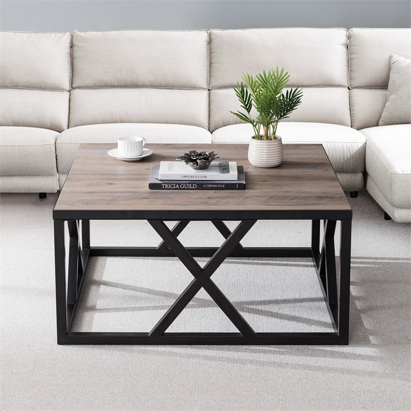 Pemberly Row Square Geometric Metal Coffee Table with Gray Oak Wood Top