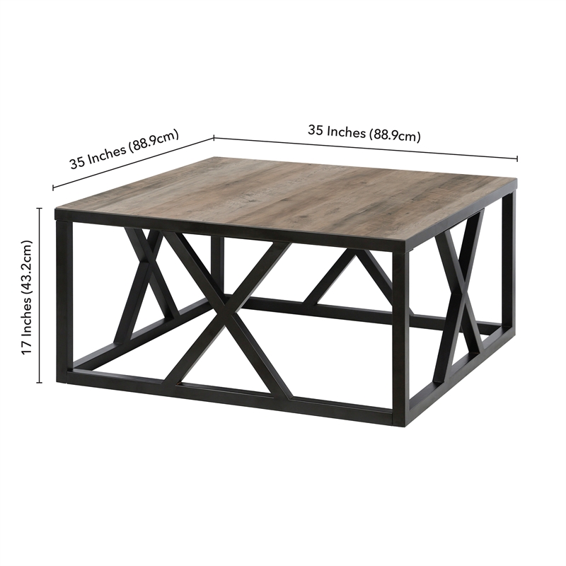 Pemberly Row Square Geometric Metal Coffee Table with Gray Oak Wood Top