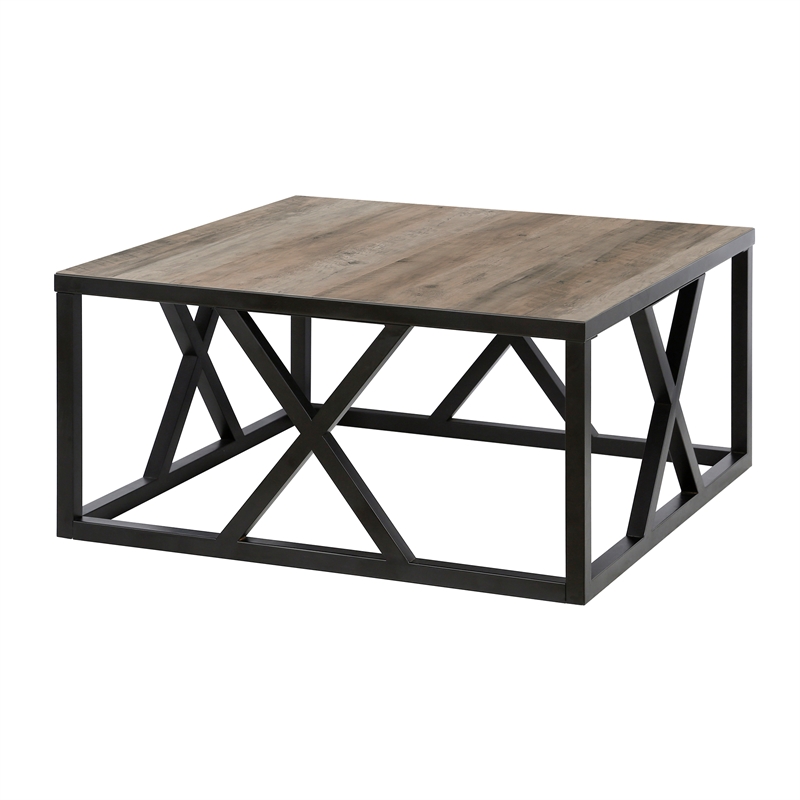 Pemberly Row Square Geometric Metal Coffee Table with Gray Oak Wood Top
