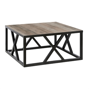 Pemberly Row Square Geometric Metal Coffee Table with Gray Oak Wood Top