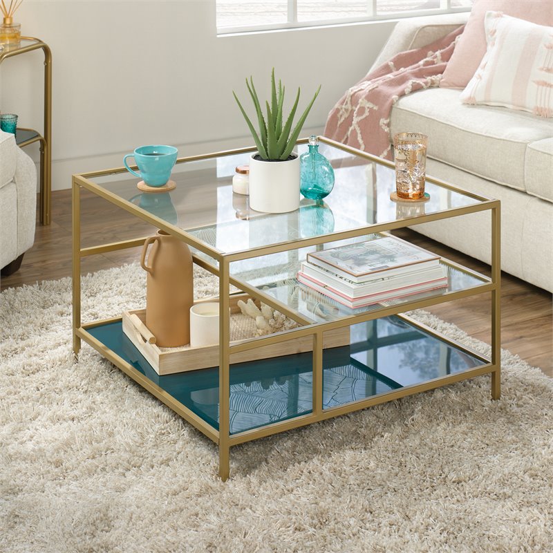 Pemberly Row Coastal Metal and Glass Coffee Table in Satin Gold - PR ...