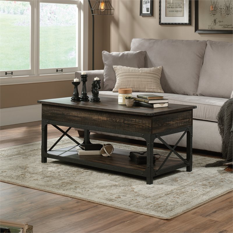 Pemberly Row Wood and Metal Lift-Top Coffee Table in Carbon Oak/Black
