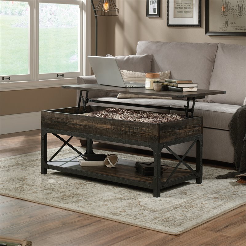 Pemberly Row Wood and Metal Lift-Top Coffee Table in Carbon Oak/Black