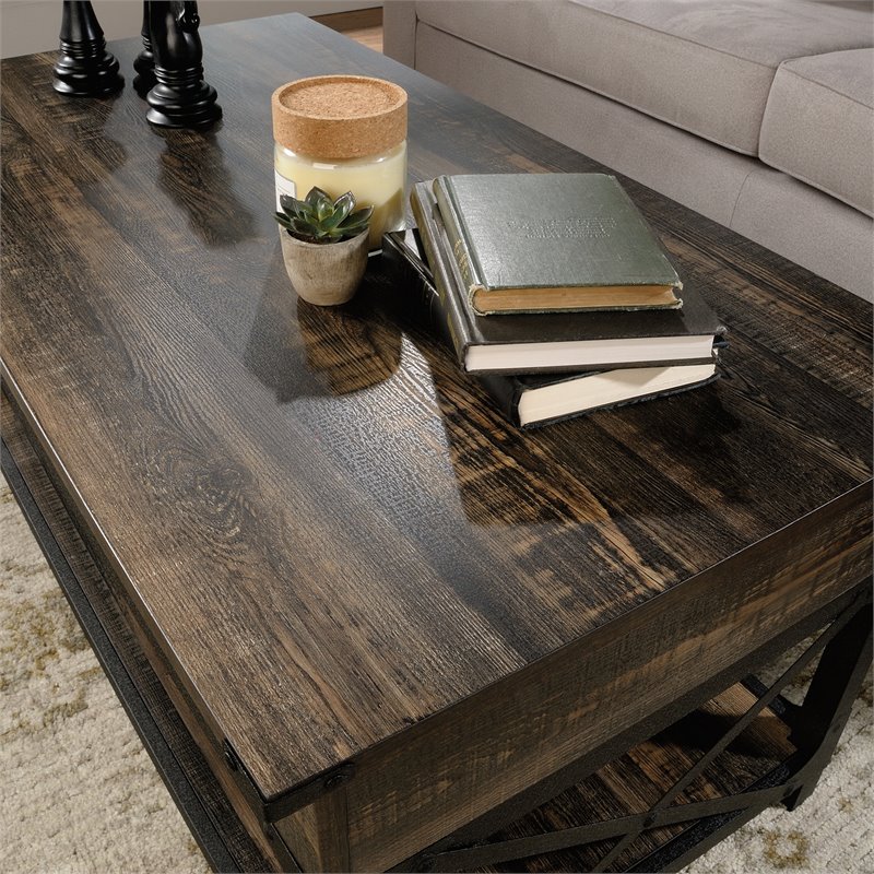 Pemberly Row Wood and Metal Lift-Top Coffee Table in Carbon Oak/Black