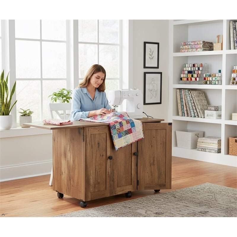 Pemberly Row Contemporary Engineered Wood Sewing Craft Cart in Oak
