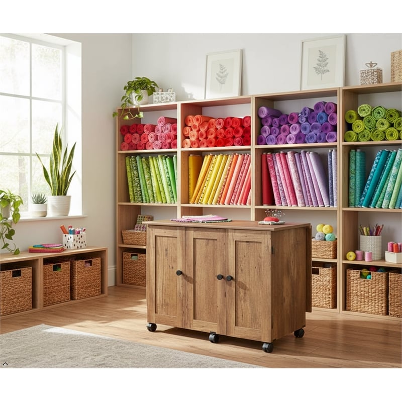 Pemberly Row Contemporary Engineered Wood Sewing Craft Cart in Oak