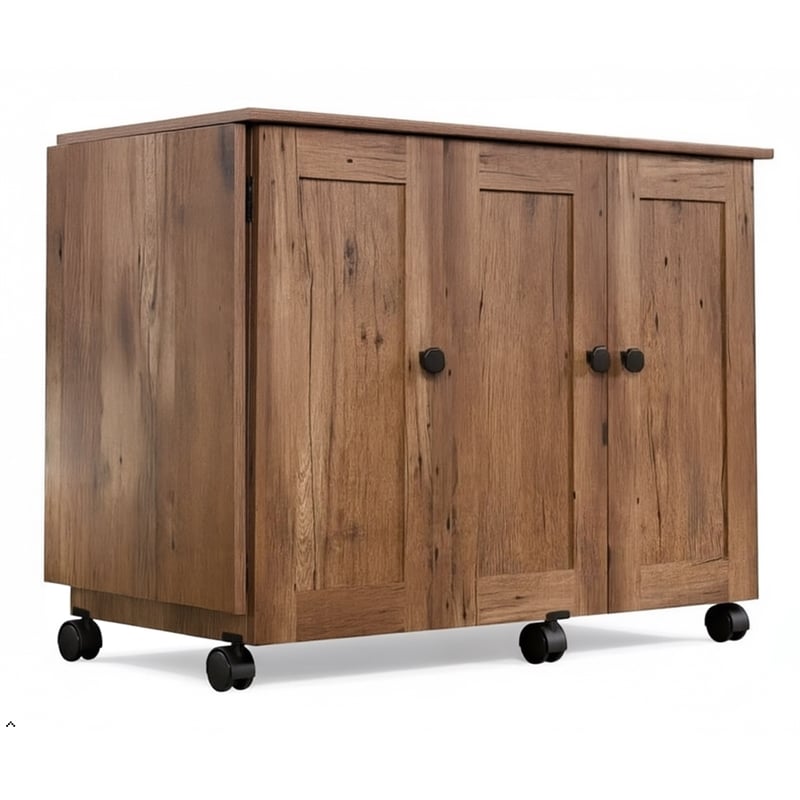 Pemberly Row Contemporary Engineered Wood Sewing Craft Cart in Oak