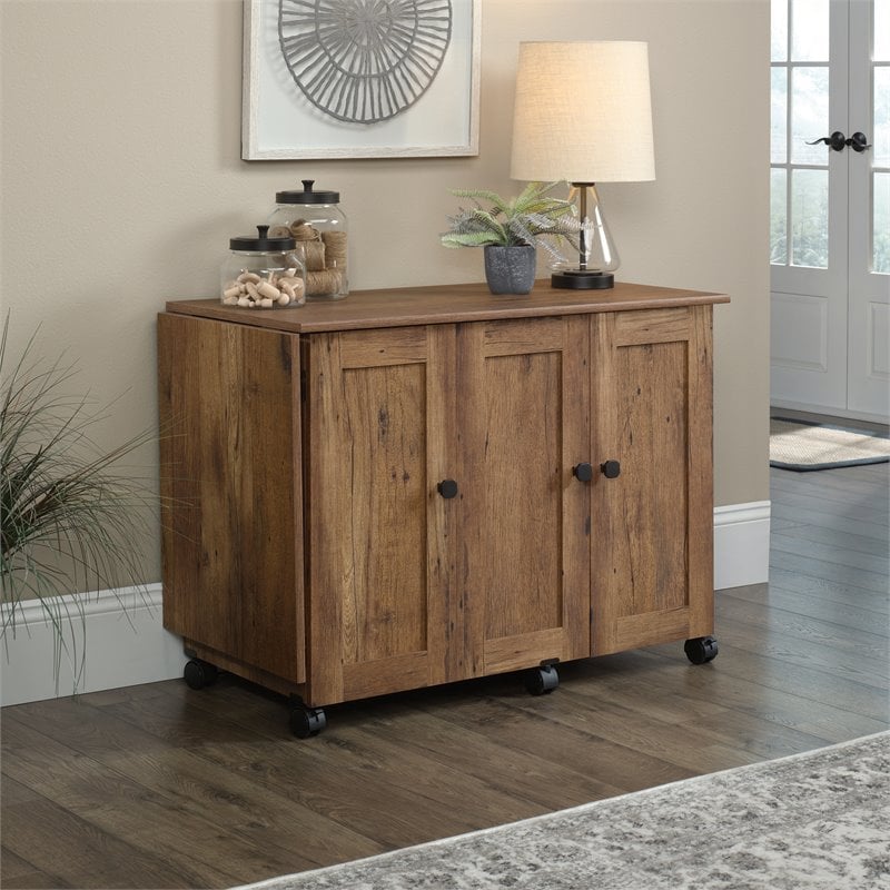 Pemberly Row Contemporary Engineered Wood Sewing Craft Cart in Oak