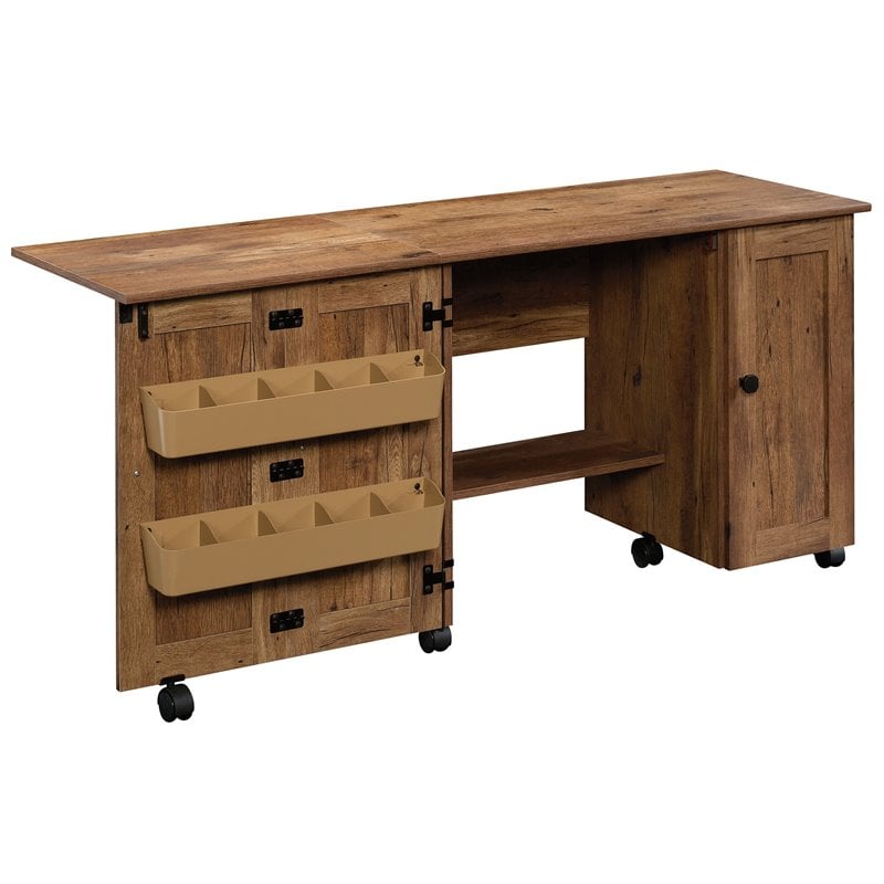 Pemberly Row Contemporary Engineered Wood Sewing Craft Cart in Oak