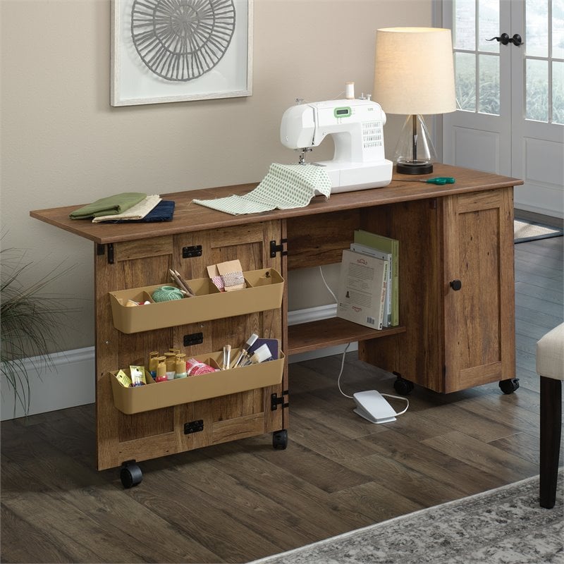 Pemberly Row Contemporary Engineered Wood Sewing Craft Cart in Oak