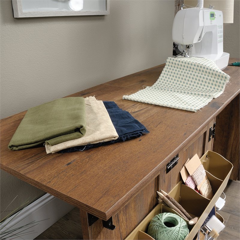 Pemberly Row Contemporary Engineered Wood Sewing Craft Cart in Oak