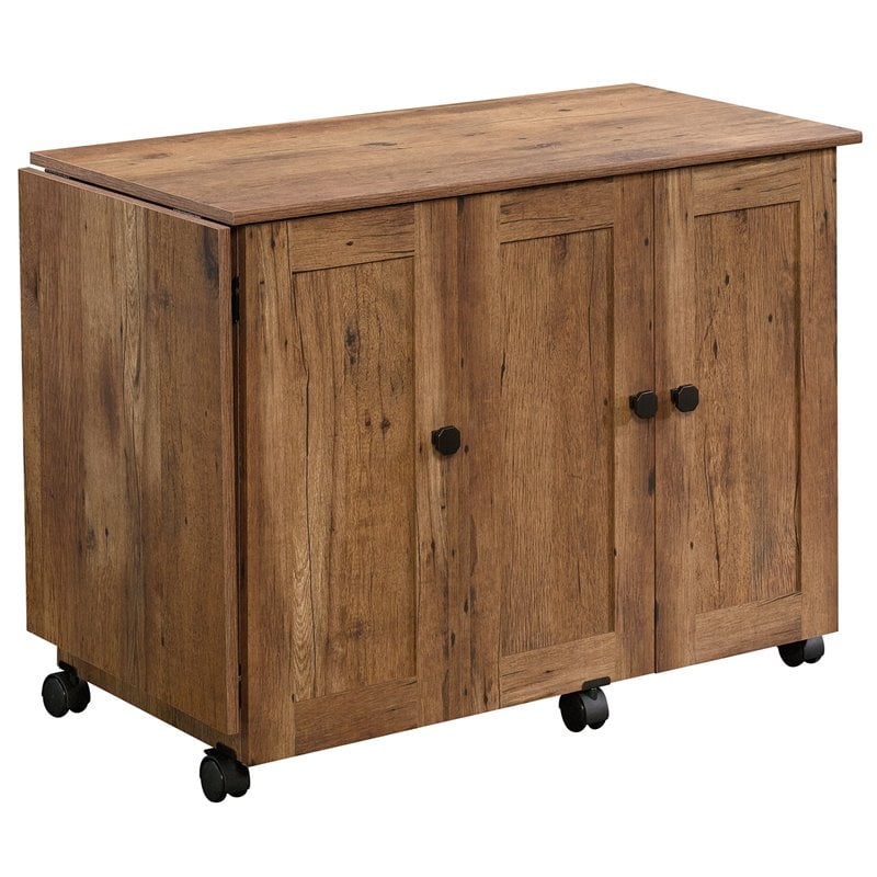 Pemberly Row Contemporary Engineered Wood Sewing Craft Cart in Oak