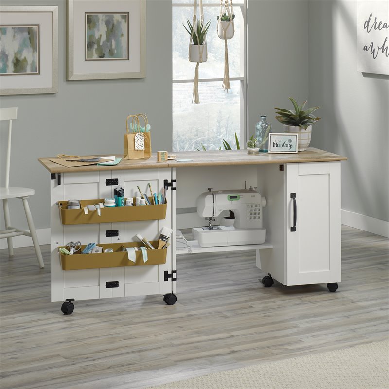 Pemberly Row Contemporary Engineered Wood Sewing Craft Table in Soft White