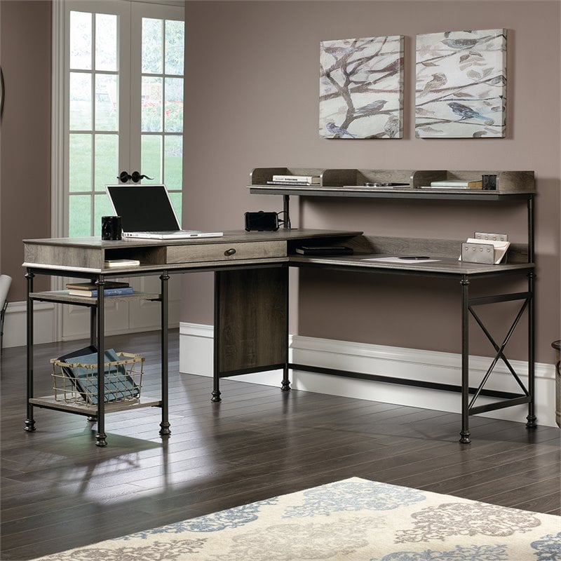 Pemberly Row Wood and Metal L-Shape Computer Desk in Northern Oak