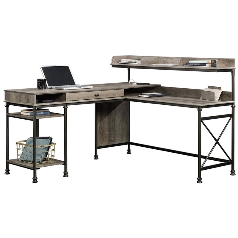 Pemberly Row Wood and Metal L-Shape Computer Desk in Northern Oak