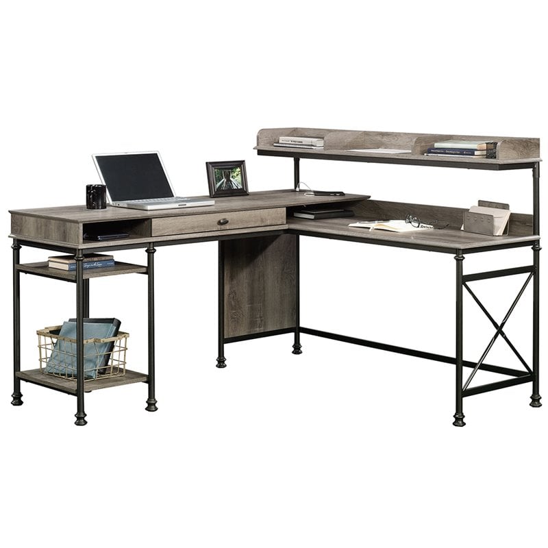 Pemberly Row Wood and Metal L-Shape Computer Desk in Northern Oak