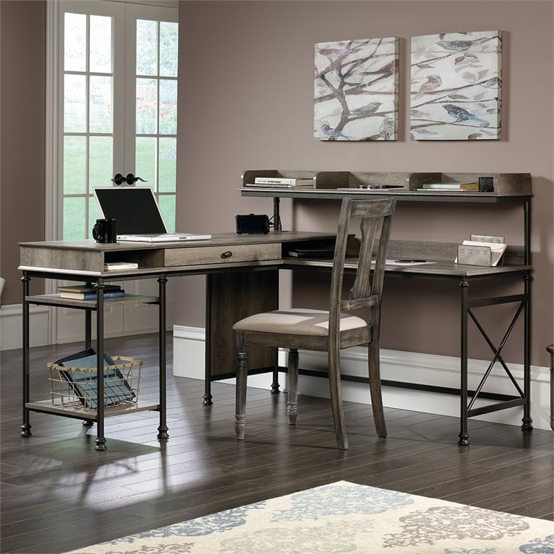 Pemberly Row Wood and Metal L-Shape Computer Desk in Northern Oak