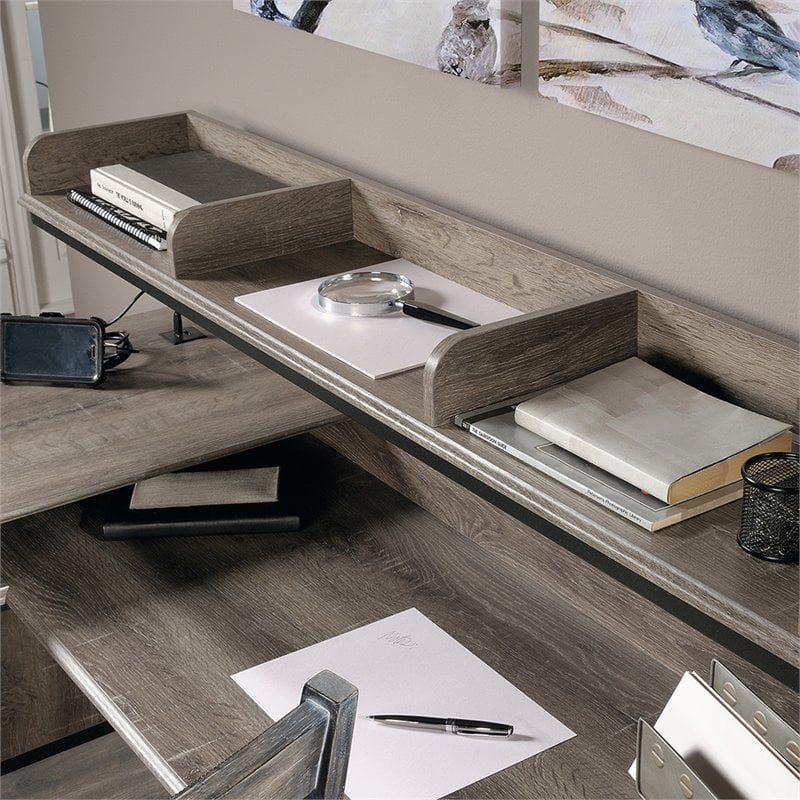 Pemberly Row Wood and Metal L-Shape Computer Desk in Northern Oak