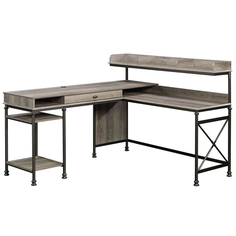 Pemberly Row Wood and Metal L-Shape Computer Desk in Northern Oak